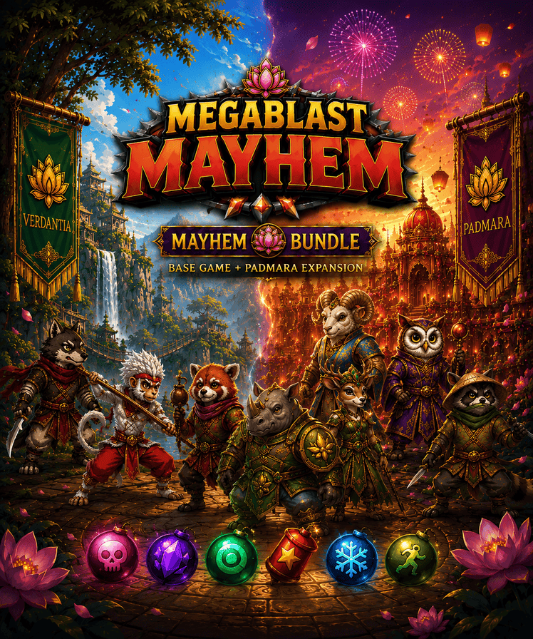 MegaBlast Mayhem Mayhem Bundle artwork featuring Verdantia and Padmara fighters