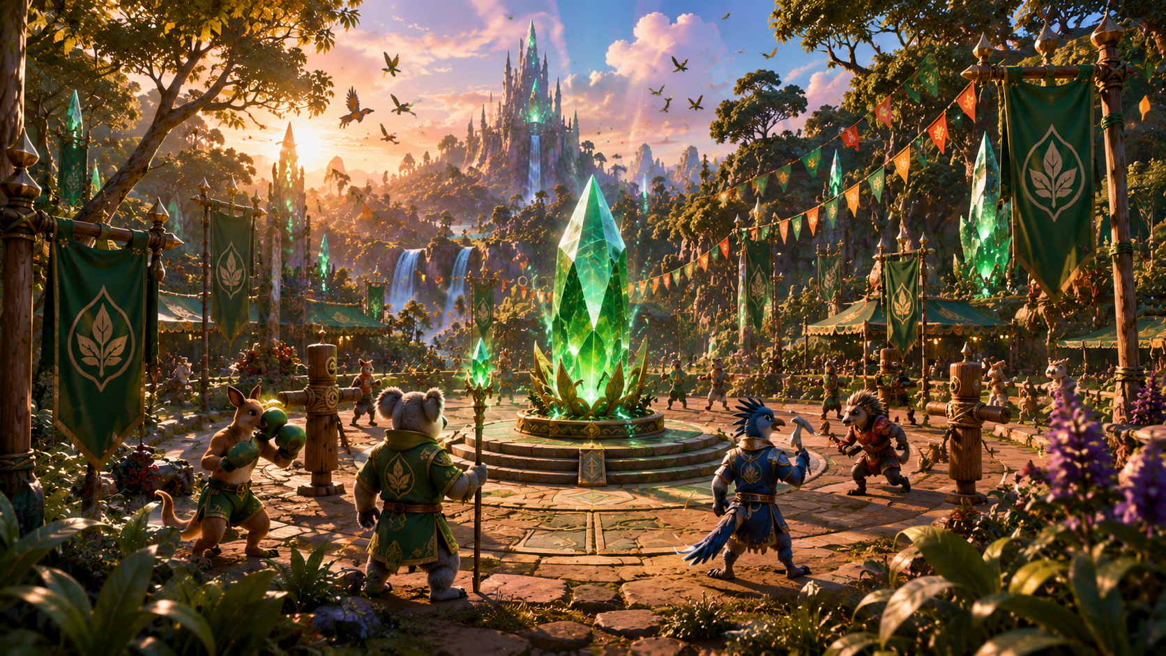 Training grounds with animal fighters and a glowing crystal arena