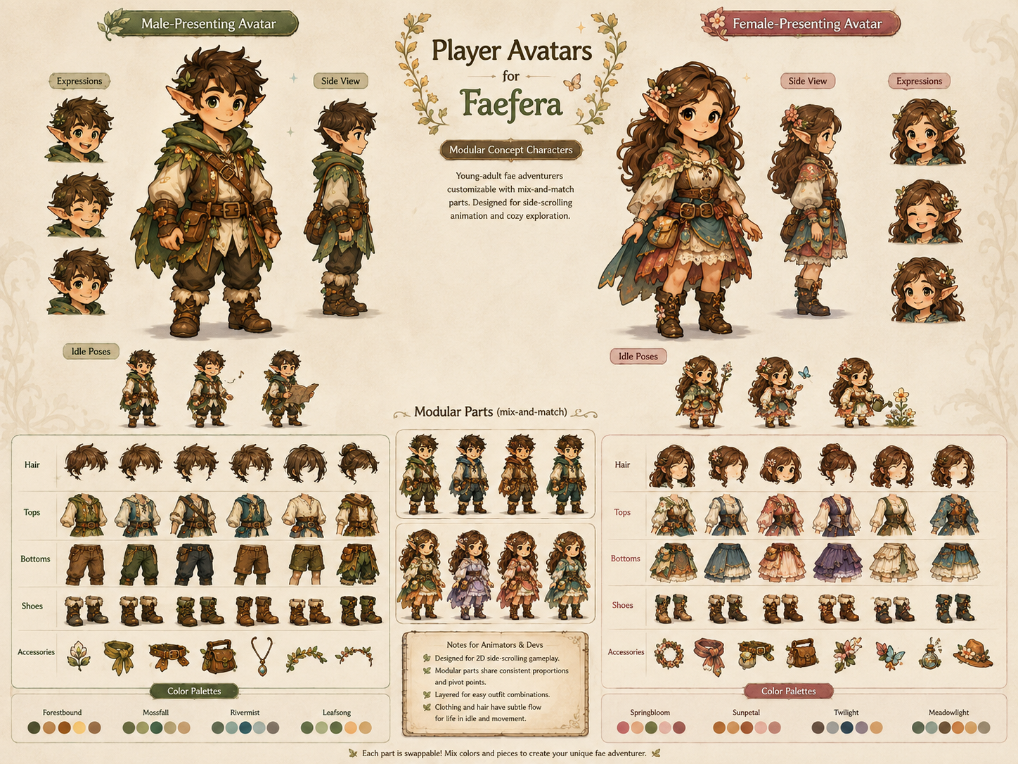 Faefera male- and female-presenting player avatar concept sheet