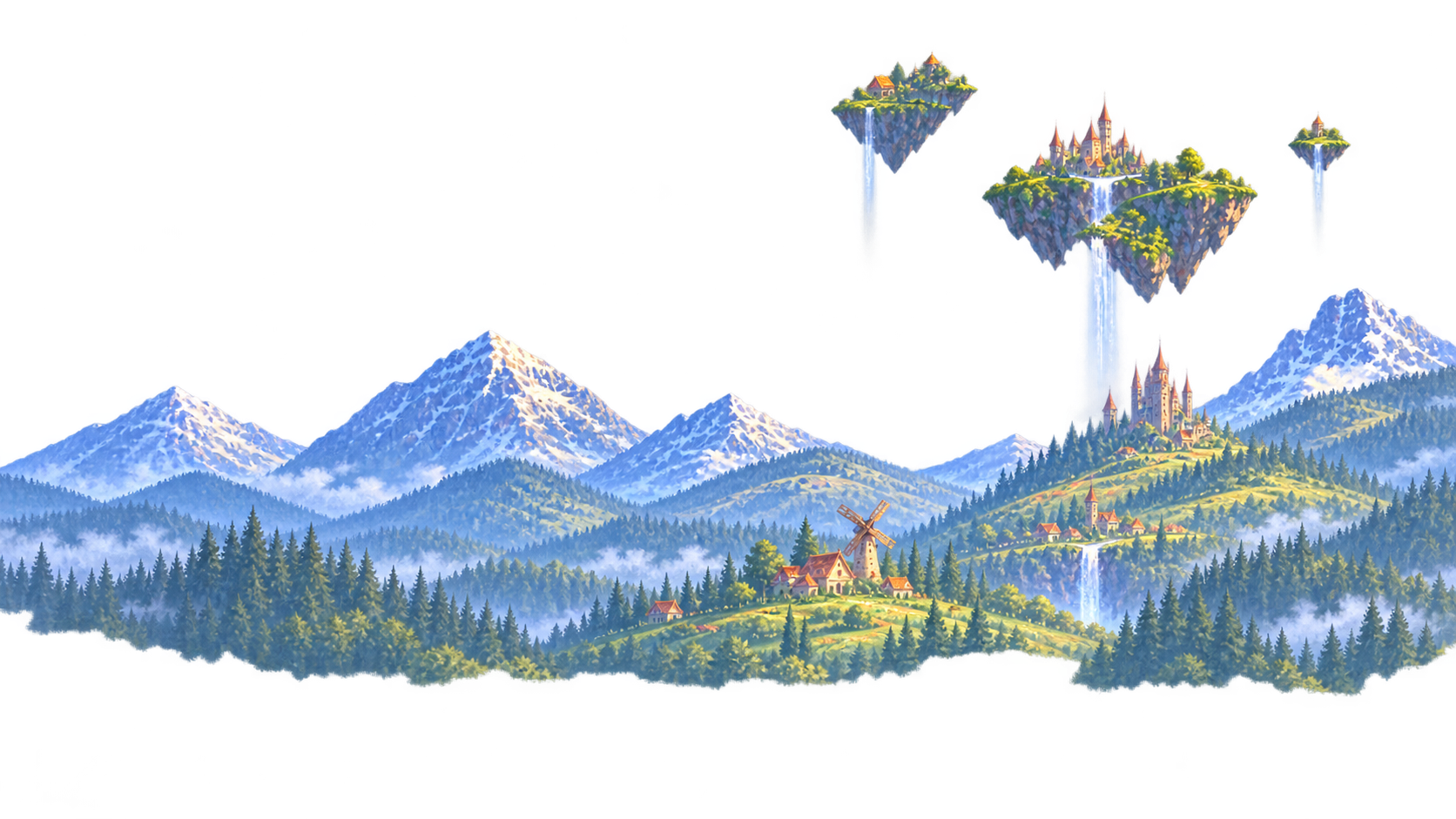 Faefera fantasy panorama with mountains, villages, waterfalls, and floating islands