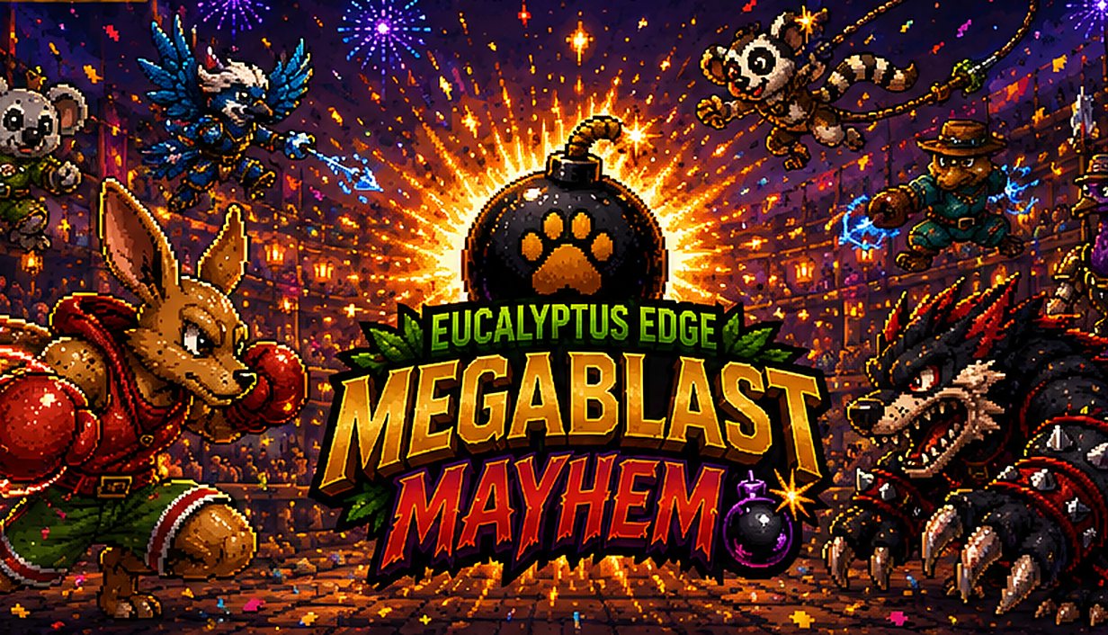 MegaBlast Mayhem fighters surrounding an explosive festival arena